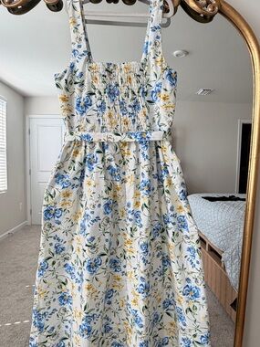 Floral Smocked Midi Sundress in White with Blue & Yellow Blooms